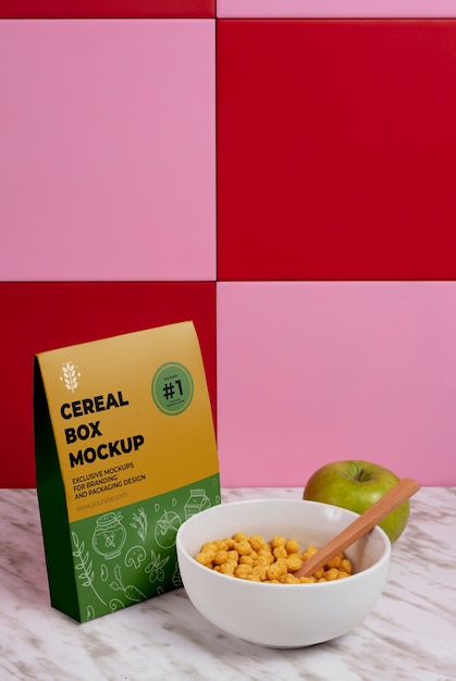 PSD mockup di scatola di cereali per la colazione sul tavolo