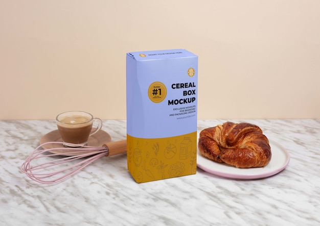 PSD mockup di scatola di cereali per la colazione sul tavolo