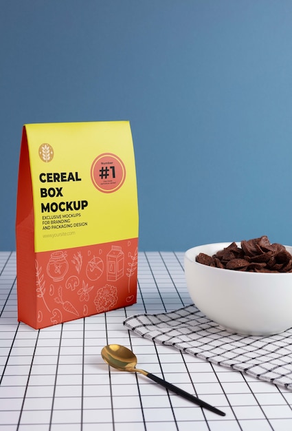 PSD mockup di scatola di cereali per la colazione sul tavolo