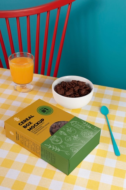 PSD breakfast cereal box mockup on table