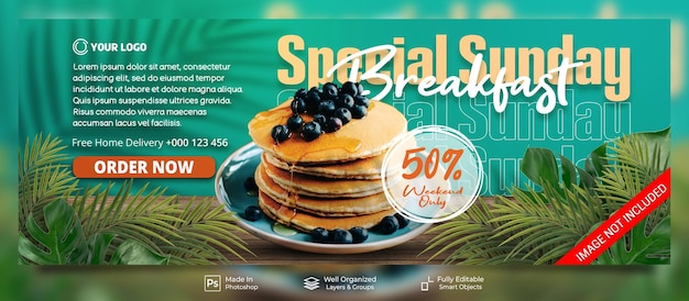 Breakfast special dish sunday menu restaurant social media post facebook cover banner template