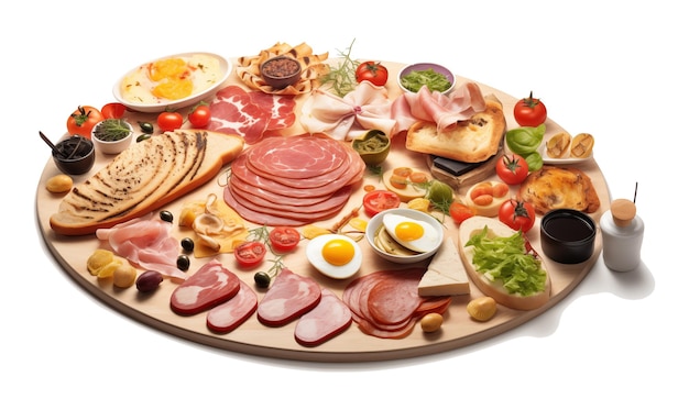 Breakfast table with ham salami cheese eggs and vegetables isolated on transparent background