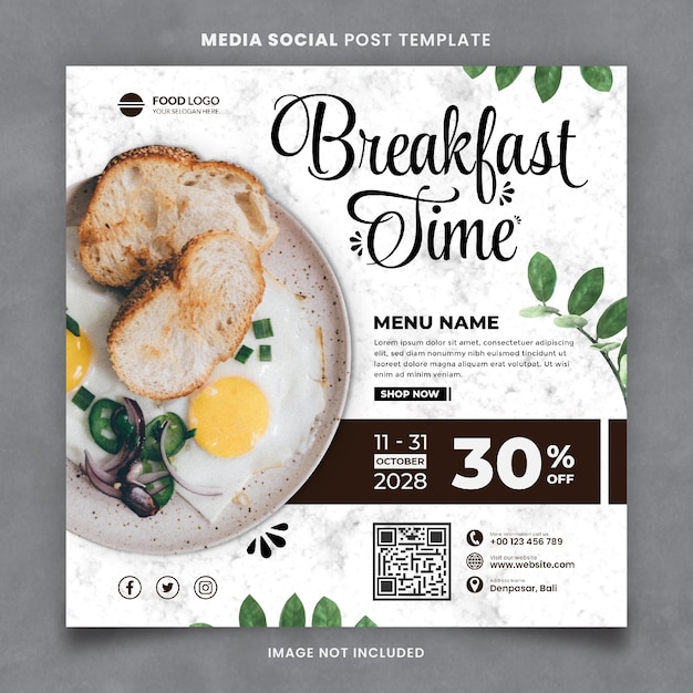 PSD Время завтрака, еда и ресторан, сми, шаблон поста в социальных сетях