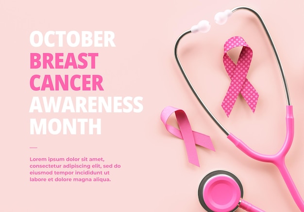 PSD 乳がん啓発月間バナーの背景にピンクのリボンと聴診器、ピンクとコピースペース