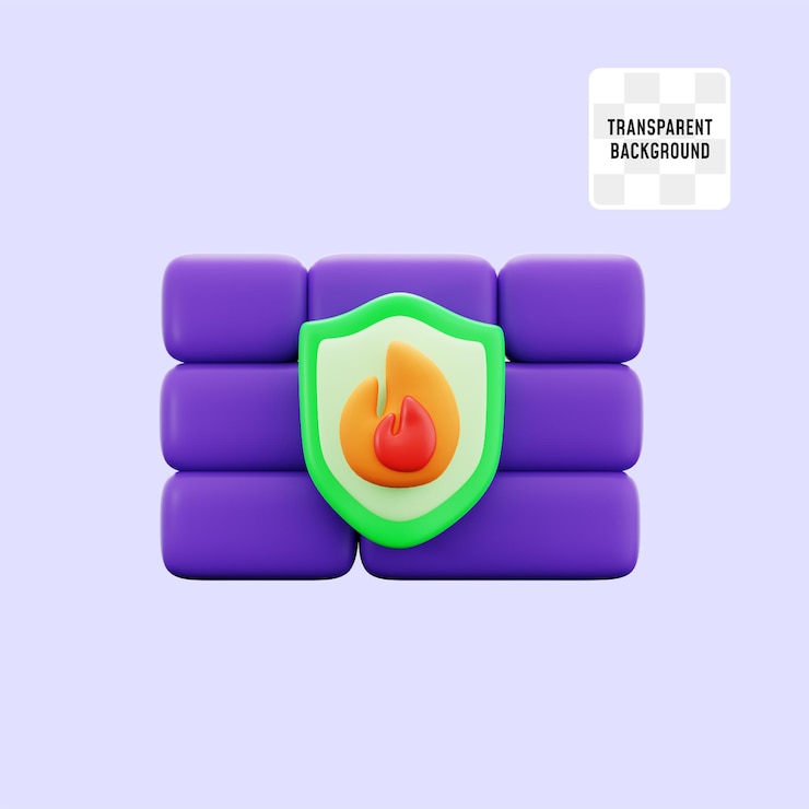 PSD brick building with shield and burn fire for firewall computer cyber security anti virus 3d icon illustration render design