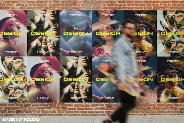 Brick wall with glued posters mockup scene