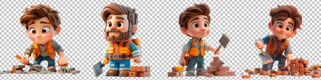 PSD bricklayer character laying bricks with transparent background