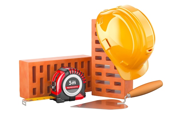 Bricks with masonry trowel hard hat and tape measure Construction concept 3D rendering isolated on transparent background