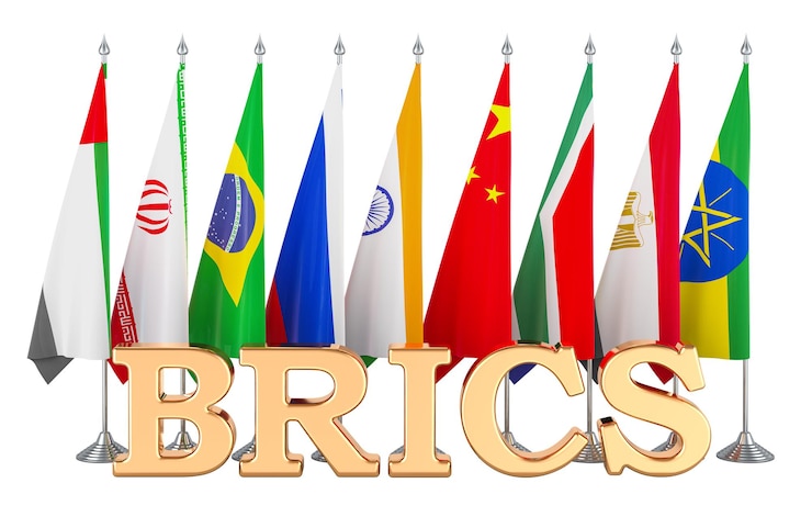 PSD brics-topvlaggen met alle nieuwe leden brics 3d-weergave geïsoleerd op transparante achtergrond