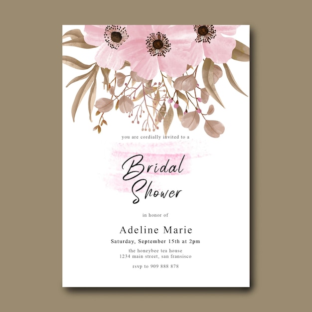 PSD bridal shower card with floral decoration and watercolor brush effect