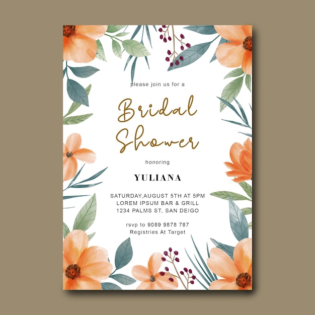 PSD bridal shower invitation card with watercolor flower bouquet