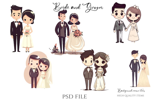 PSD bride and groom cartoon vector