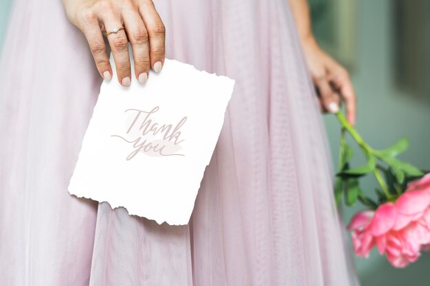 PSD bride holding a thank you card mockup