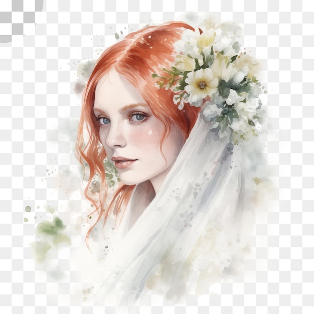 Bride in wedding dress holding bouquet watercolor transparent background