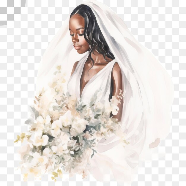 Bride in wedding dress holding bouquet watercolor transparent background