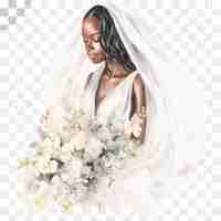 PSD bride in wedding dress holding bouquet watercolor transparent background