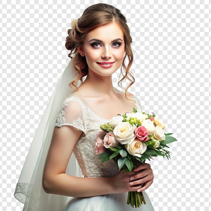 PSD a bride with a bouquet of flowers in her hands