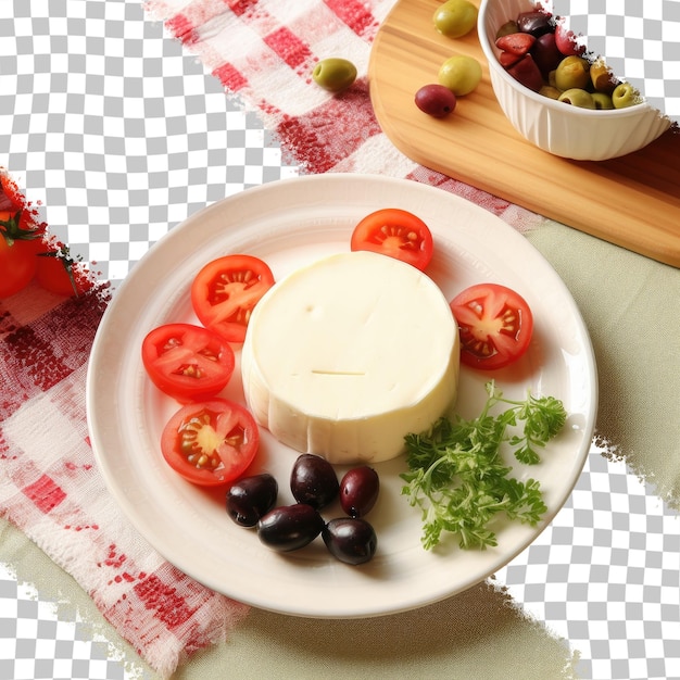 PSD 木のテーブルの上にブリーチーズとサラダオリーブとトマト