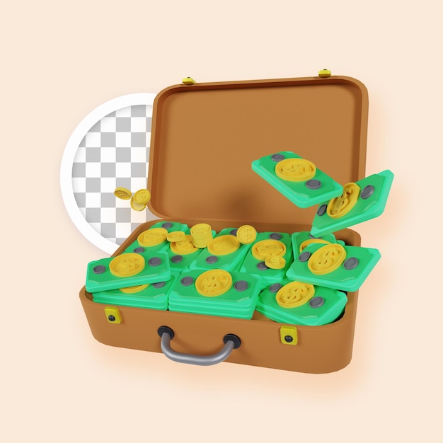 Briefcase money, suitcase with money 3d illustration