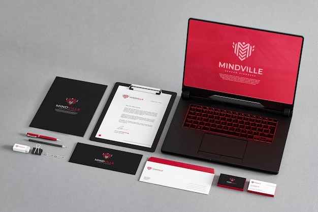 PSD briefpapier mockup rood zwart wit bedrijf met laptop