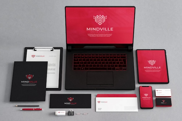 PSD briefpapier mockup rood zwart wit bedrijf telefoon laptop tablet