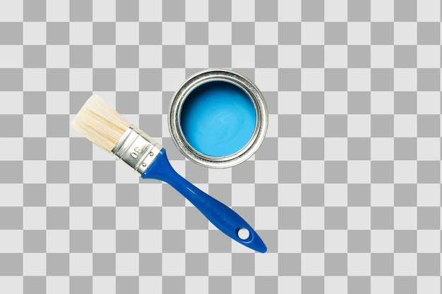 Bright blue paint can and brush for home art projects isolated on white PNG