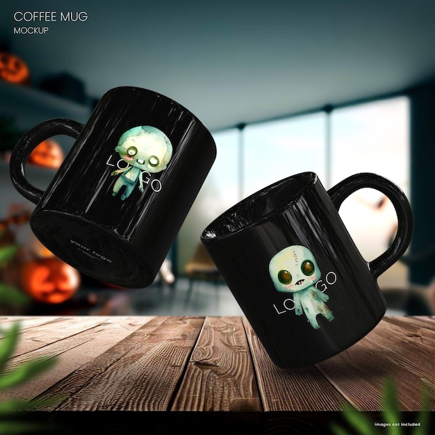 PSD bright coffee cup mockup of two mugs on a rustic wooden tabletop with a halloween background