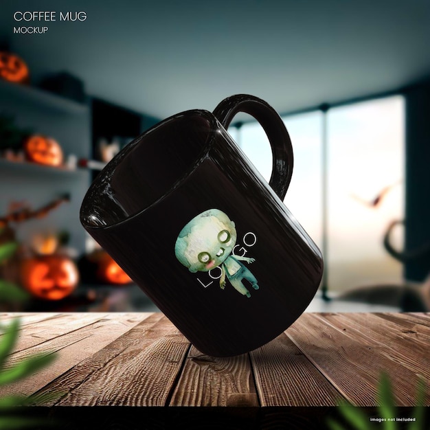 PSD mockup di tazza da caffè luminosa di una tazza nera su sfondo di halloween per i tuoi disegni