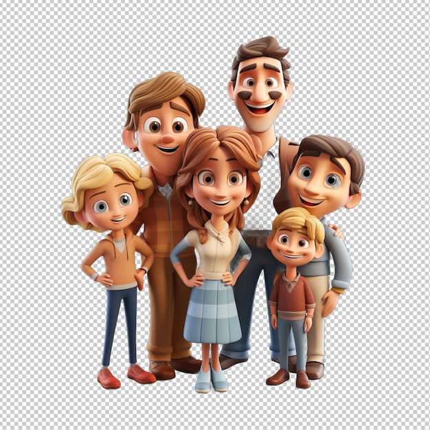 Famiglia europea luminosa in 3d in stile cartone animato sullo sfondo trasparente