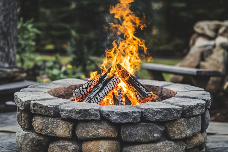 PSD bright flames burning in a stone fire pit outdoors