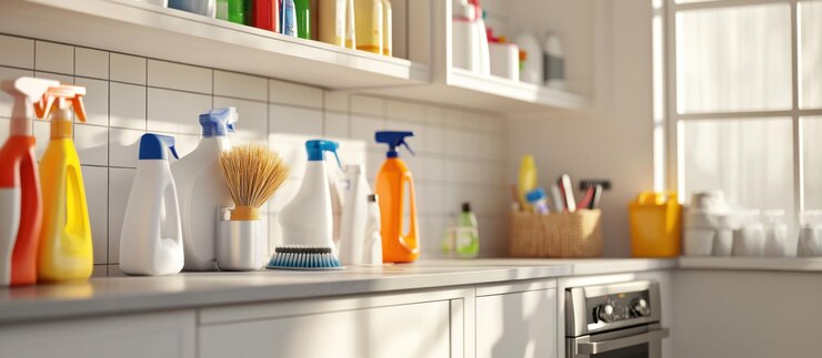 PSD bright kitchen countertop with cleaning supplies in sunlight