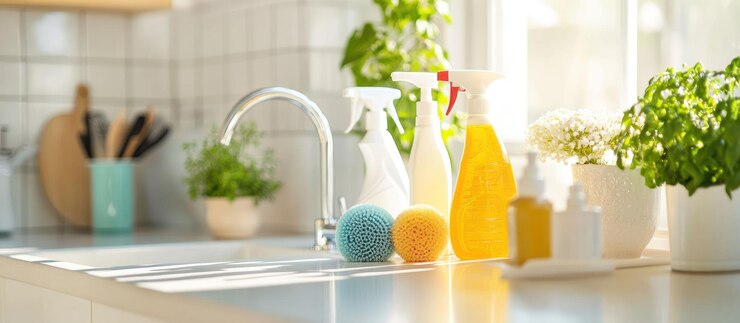 PSD bright kitchen sink with cleaning supplies plants and sunlight