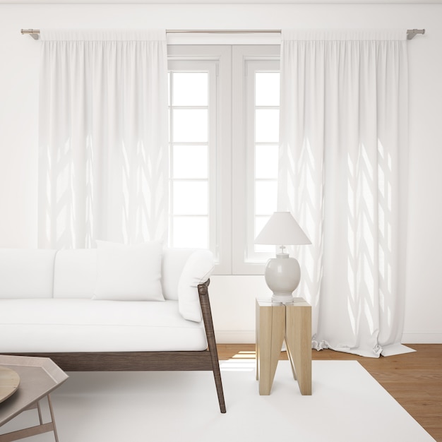 bright living room with white mockup sofa