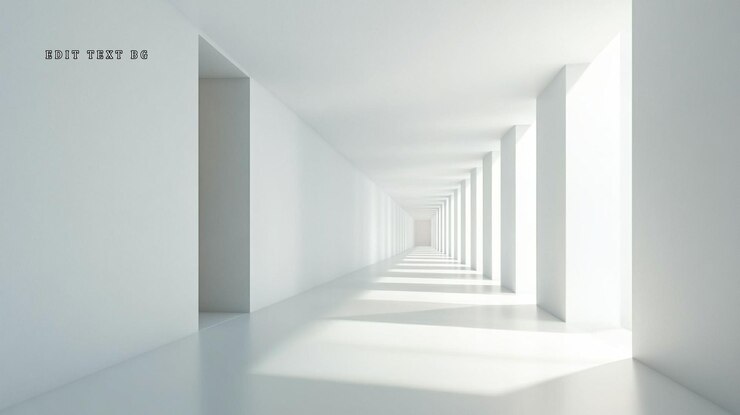 PSD bright minimalist white hallway with sunlight streaming through windows creating shadows and depth