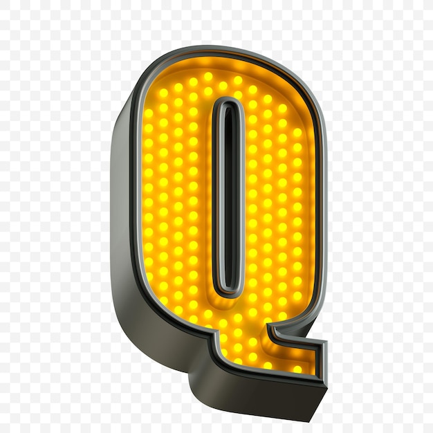 PSD alfabeto al neon luminoso lettera q con luce gialla fluorescente isolata