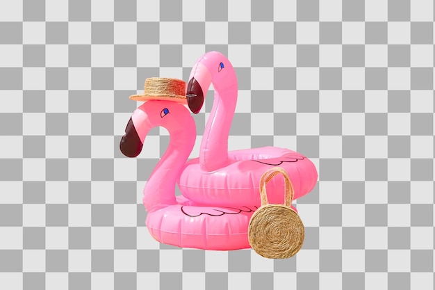 Bright pink flamingo pool floats ready for a fun summer vacation isolated on white PNG