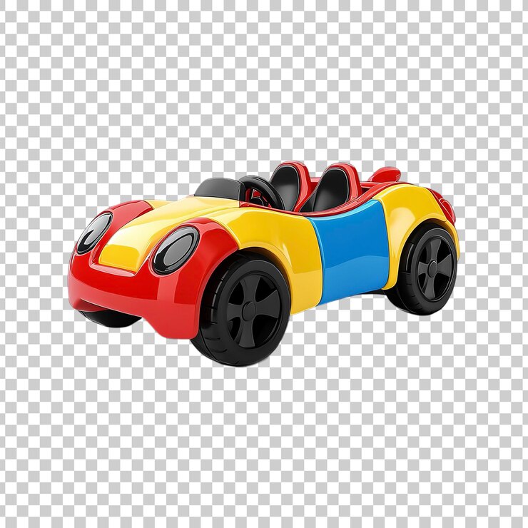PSD bright red yellow and blue sporty toy car on transparent background