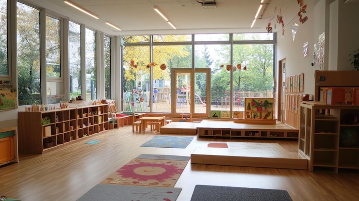 PSD bright spacious playroom with wooden furniture toys and large windows overlooking a playground