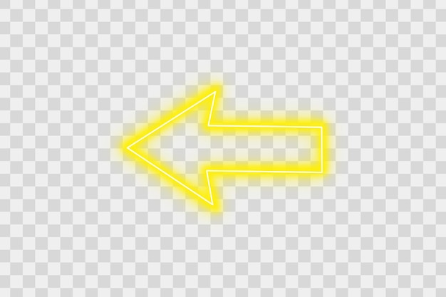 Bright yellow color neon light arrow pointing left with glowing effect on transparent background