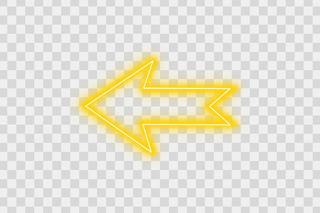 bright yellow color neon light arrow pointing left with glowing effect on transparent background