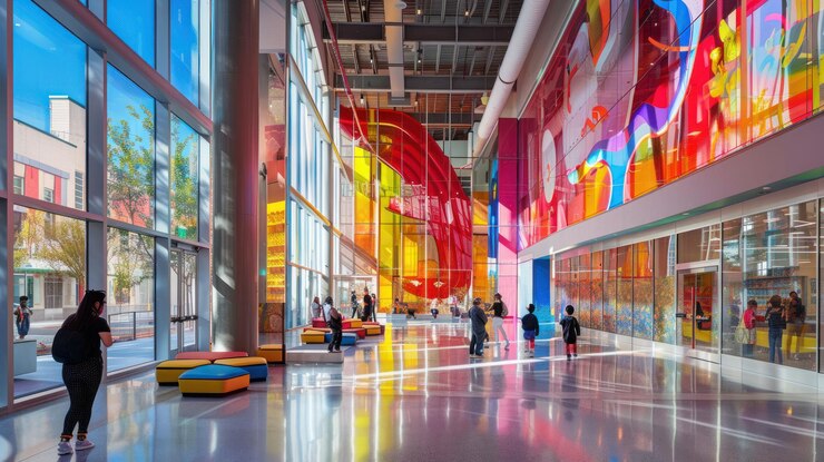 PSD a brightly colored modern atrium with large windows and colorful artwork