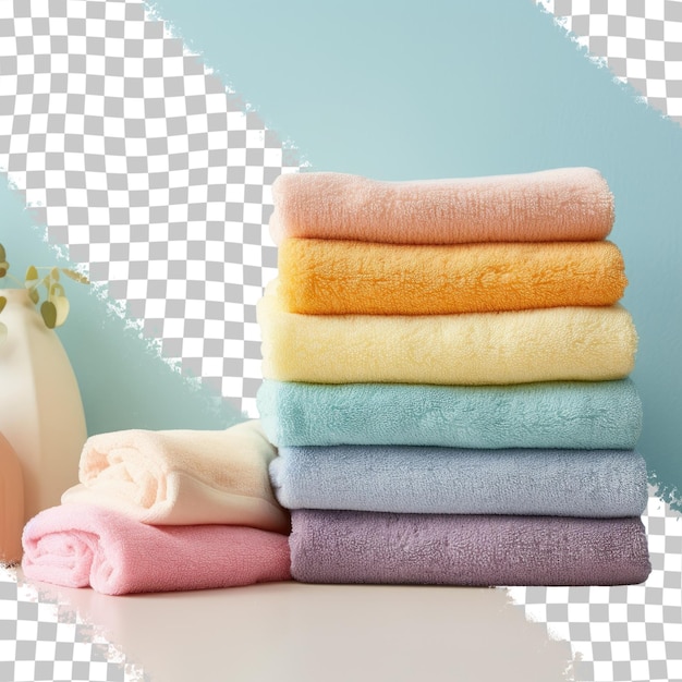 Brightly colored terry towels on table against transparent background