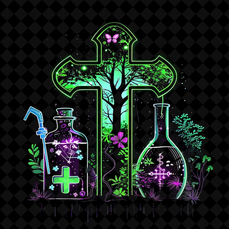 PSD brilliant neon mad scientists lab forest inside a silhouette png neon artistic landscape