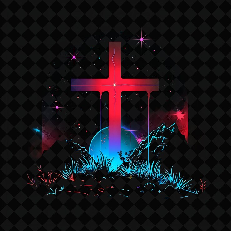 PSD brilliant neon magnetar forest inside a silhouette cross lan png neon artistic landscape