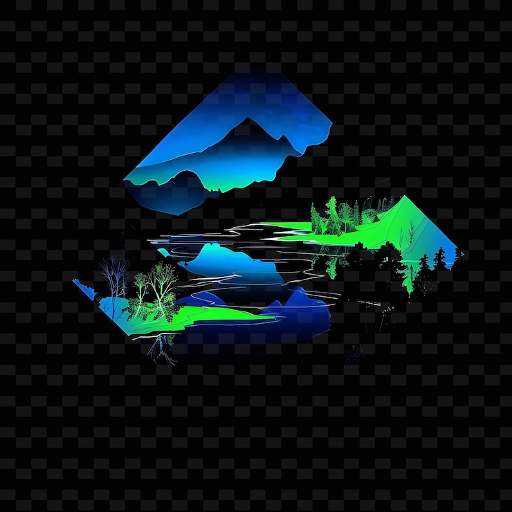 PSD brilliant neon oxbow lakes inside a silhouette diamond lands illustration nature landscape designs