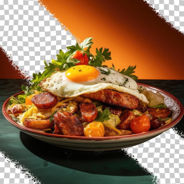 Brioche with egg sausages hash browns and salad for breakfast transparent background