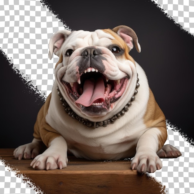 PSD bulldog britannico con i denti che mostrano l'attesa su un pavimento di legno per un regalo