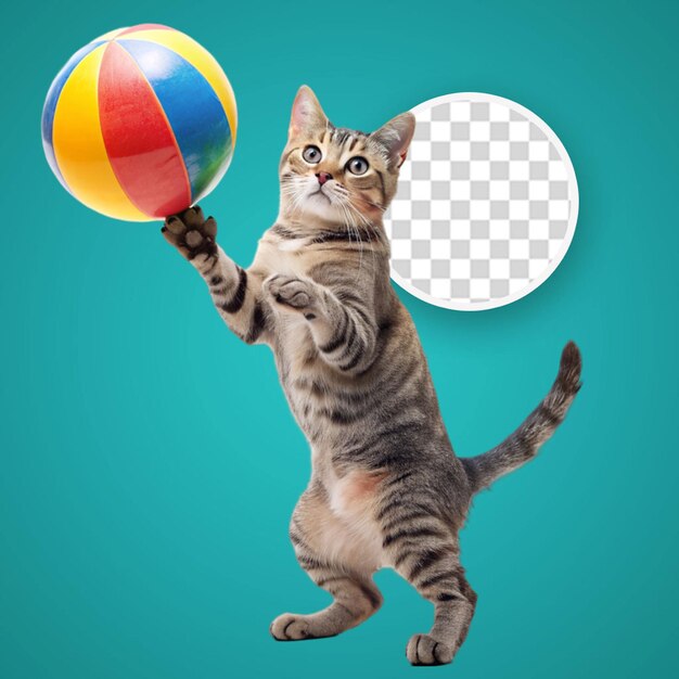 PSD british kitten on a blue background plays with a soccer ball waiting for the world cup the concept of sports