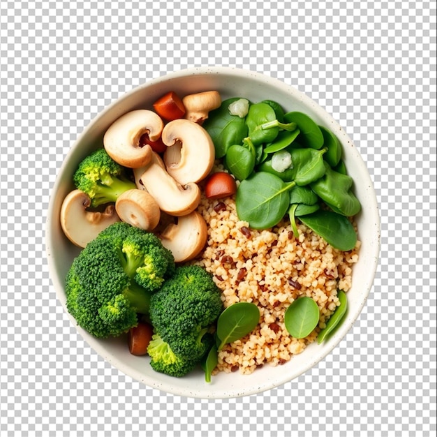 broccoli mushrooms spinach and quinoa in a bowl isolated on the blank background