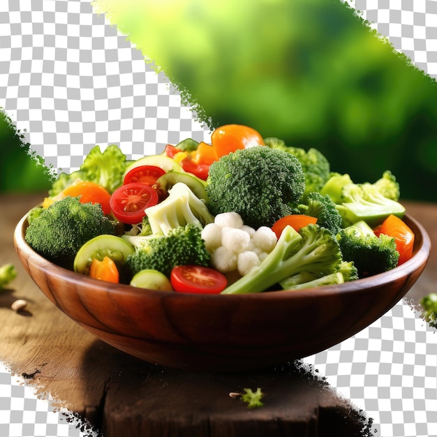 PSD broccoli salade gecentreerd op een oude houten tafel